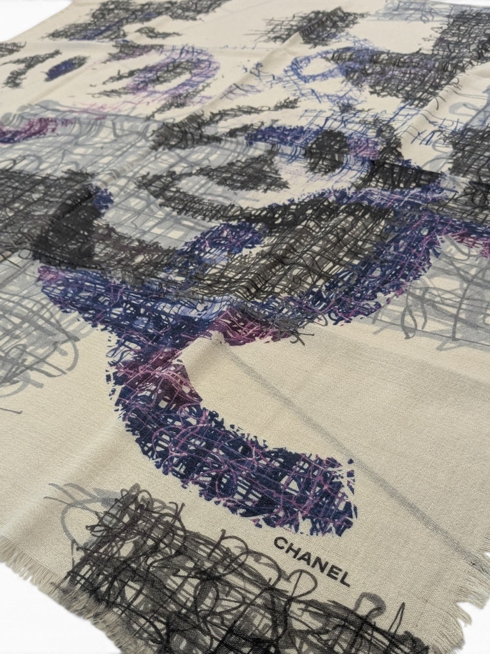 CHANEL Scarf White Black Purple Graffiti CC Logo Cashmere Silk Scarf Shawl NIB - Picture 4 of 6